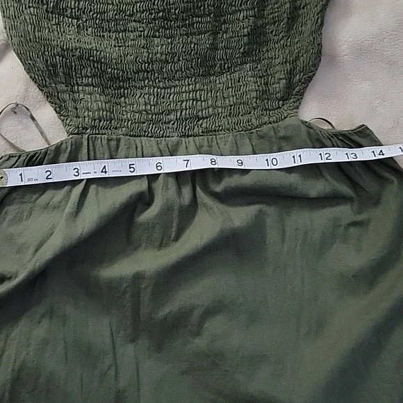 Zara Olive Green Linen Blend Strapless Shoulder Smocked Midi Dress Size M Boho - Picture 9 of 12